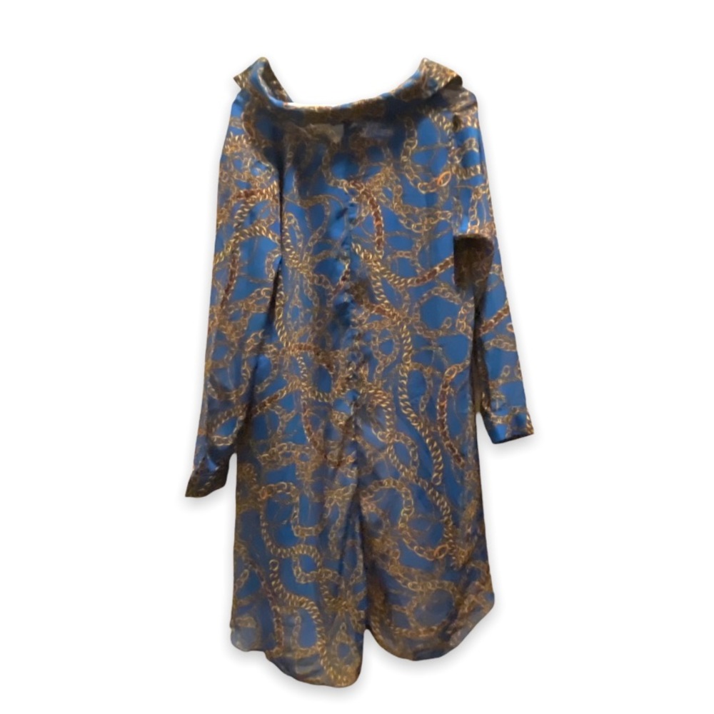 SOLD ❤️Ups & Downs Woman’s Blue & Gold Chain Patterned High Low Ruana Kimono - Picture 6 of 9
